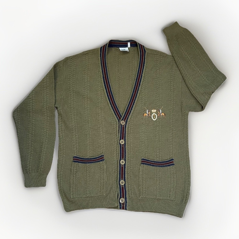 Italy Vintage Cardigan Sweater Mens L Wool Blend Green Equestrian Y2K